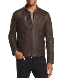 John Varvatos Leather Band Collar Moto Jacket - Brown