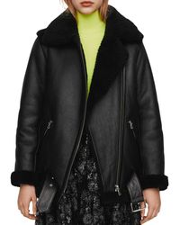 Maje Gombery Leather & Real Sheep Shearling Coat - Black