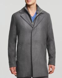 cole haan wool blend leather trim rib knit inset coat