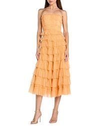 Mac Duggal - Solid Mesh Dot Micro Ruffle Strapless Midi Dress - Lyst