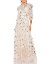Mac Duggal - Floral Applique Puff Sleeve High Neck A-Line Gown - Lyst