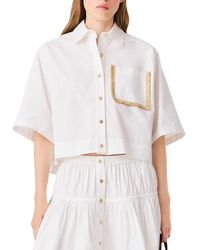 Maje - Raffia Trim Cropped Button Up Shirt - Lyst