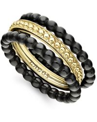Lagos 18k Yellow Gold Caviar Gold Black Ceramic Stacking Rings - Metallic