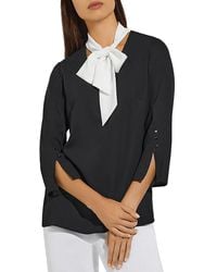 Misook - Contrast Tie V-Neck Crepe De Chine Blouse - Lyst
