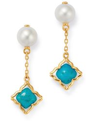 Bloomingdale's - Freshwater Pearl & Turquoise Clover Drop Earrings In 14k Yellow Gold - Lyst