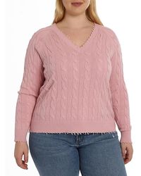 Minnie Rose - Plus Size Cotton Frayed Cable Long Sleeve V Neck Sweater Top - Lyst
