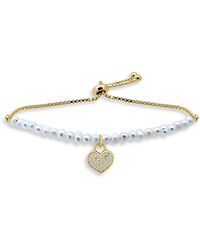 Aqua - Pave Heart Charm Cultured Freshwater Pearl Beaded Slider Bracelet - Lyst