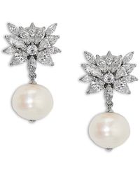 Nadri - Sav Cubic Zirconia Cluster & Cultured Freshwater Pearl Clip On Drop Earrings - Lyst