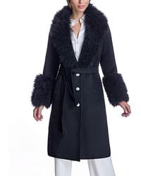 Maximilian - Belted Wool Coat With Rhinestone Button - Lyst