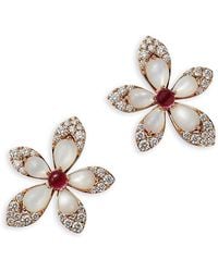 Roberto Coin - 18K Tiare Mother Of Pearl, Rubellite, & Diamond Flower Stud Earrings - Lyst