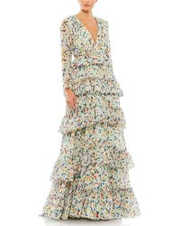 Mac Duggal - Floral Printed Tiered Ruffle Long Sleeve Gown - Lyst