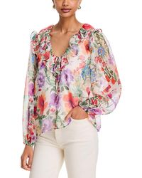 Aqua - Floral Print Ruffle Neck Blouse - Lyst