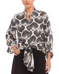 Karen Kane - Linen Printed Blouson Sleeve Tie Front Top - Lyst