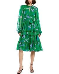 Mac Duggal - Printed Chiffon Bishop Sleeve Ruffle Midi Dress - Lyst