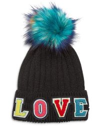 Jocelyn Love Knit Hat With Faux Fur Pom Pom - Black