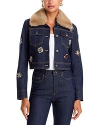 Cinq À Sept - Lexie Baroque Patches Faux Fur Collar Denim Jacket - Lyst