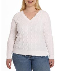Minnie Rose - Plus Size Cotton Frayed Cable Long Sleeve V Neck Sweater Top - Lyst