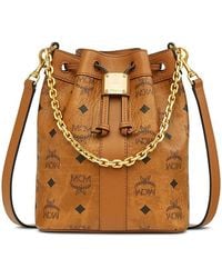 MCM - Dessau Small Visetos Leather Drawstring Bucket Bag - Lyst