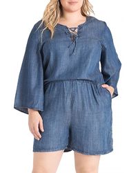 Standards & Practices - Plus Bell Sleeve Lace Up Denim Romper - Lyst