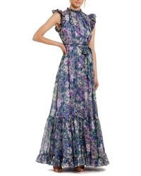 Mac Duggal - Printed Chiffon Ruffle Sleeve With Bow Belt Gown - Lyst