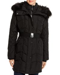 Calvin Klein Faux Fur - Trim Belted Quilted Coat - Black