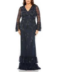 Mac Duggal - Plus V Neck Embellished Flutter Tiered Long Sleeve Gown - Lyst