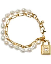 Kate Spade - Lock And Spade Padlock Charm Paperclip Link & Freshwater Pearl Double Row Bracelet In Gold Tone - Lyst