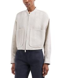 Emporio Armani - Woven Nappa Leather & Linen Bomber Jacket With Oversize Front Pockets - Lyst