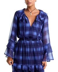 Aqua - Plaid Ruffled Tie Neck Blouse - Lyst