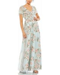 Mac Duggal - Embellished Floral Gown With Mesh Flutter Sleeves And Beaded Waist - Lyst