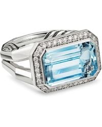 David Yurman Sterling Silver Novella Statet Ring With Blue Topaz And Pavé Diamonds