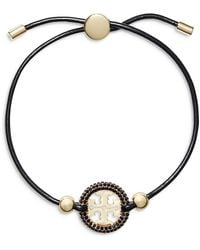 Tory Burch - Miller Double T Jet Pave Charm Leather Cord Slider Bracelet - Lyst