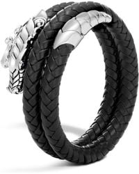 John Hardy Sterling Silver Legends Naga Double Coil Bracelet With Braided Black Leather & Sapphire Eyes