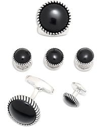 Link Up - Onyx Inlay Rhodium Plated Round Stud & Cufflink Set - Lyst