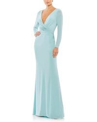 Mac Duggal - Long Sleeve Ruched Jersey V-Neck Gown - Lyst