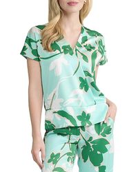 Ming Wang - Floral Printed Crepe De Chine Top - Lyst