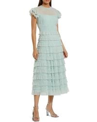 Mac Duggal - Mesh Micro Ruffle High Neck Cap Sleeve Midi Dress - Lyst