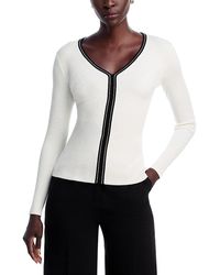 Tahari - Long Sleeve V Neck Striped Ribbed Sweater - Lyst