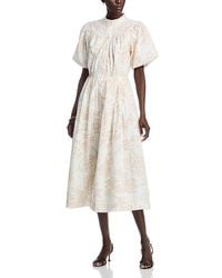 Tahari - Short Puff Sleeve Button Down Printed Eyelet Midi Dress - Lyst