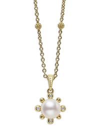 Lagos - 18K Luna Cultured Pearl & Diamond Fleur Pendant Necklace, 16-18 - Lyst