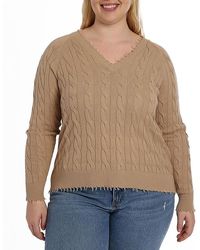 Minnie Rose - Plus Size Cotton Frayed Cable Long Sleeve V Neck Sweater Top - Lyst
