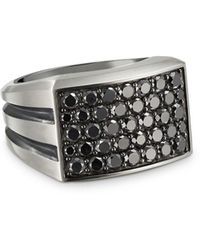 David Yurman Sterling Silver Beveled Signet Ring With Black Diamonds - Metallic