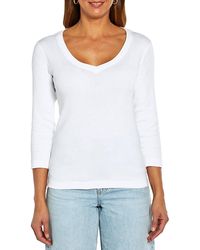 Three Dots - Cotton V Neck Three Quarter Sleeve Tee - Lyst