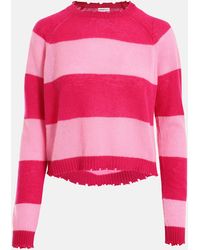 Minnie Rose Striped Frayed Cropped Crew Rasberry Combo Jumper - Pink