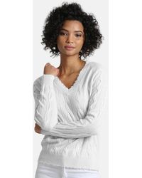 Minnie Rose Frayed Cable Ls V Neck - White