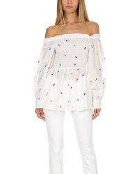 SUNO Smocked Off Shoulder Top - White