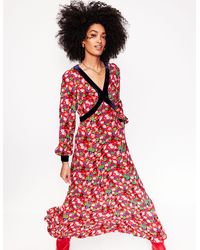 Boden - Maxi-Teekleid Mit Samtbesatz-Heller Rubin, Blumenmuster - Lyst