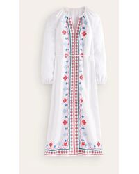 Boden - Embroidered Belted Linen Dress White, Multi - Lyst