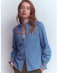 Boden - Esme Smocked Denim Frill Top - Lyst