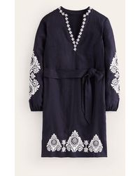 Boden - Cleo Embroidered Linen Dress Navy, White - Lyst